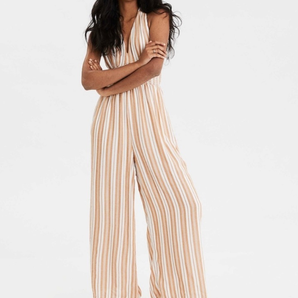 American Eagle Tan and White Stripped Jumpsuit Size Large
